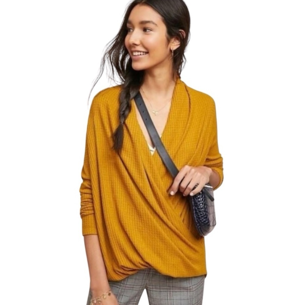 Anthropologie Akemi+Kin Amemo Woodruff Top Wrap Sweater in Mustard Yellow Size S - Picture 2 of 9